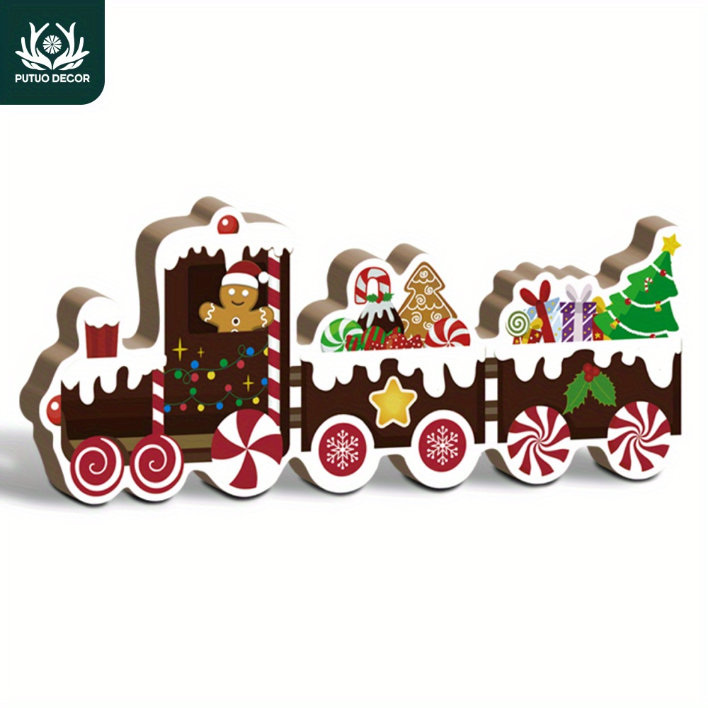 

Putuo Decor Christmas Wooden Train Centerpiece, Manufactured Wood Holiday Decoration, Gingerbread Candy Design, Festive Table Decor For Home Office Cafe, No Electricity Needed, Holiday Gift - 1pc