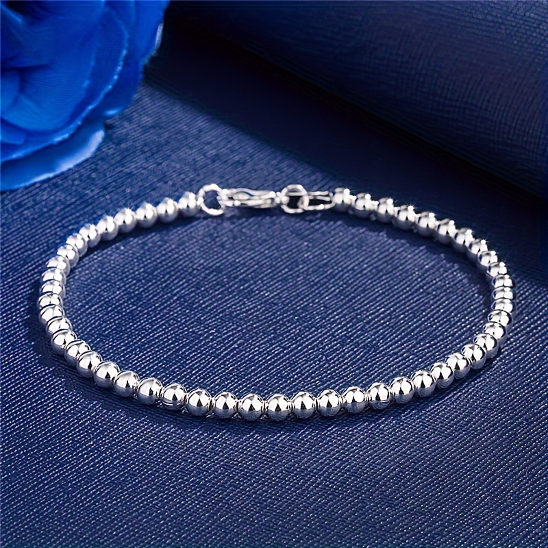 

925 Silver Plating Italian Handmade 4mm Bead Ball Strand Chain Bracelet For Women 6.5, 7, 7.5, 8 Inch