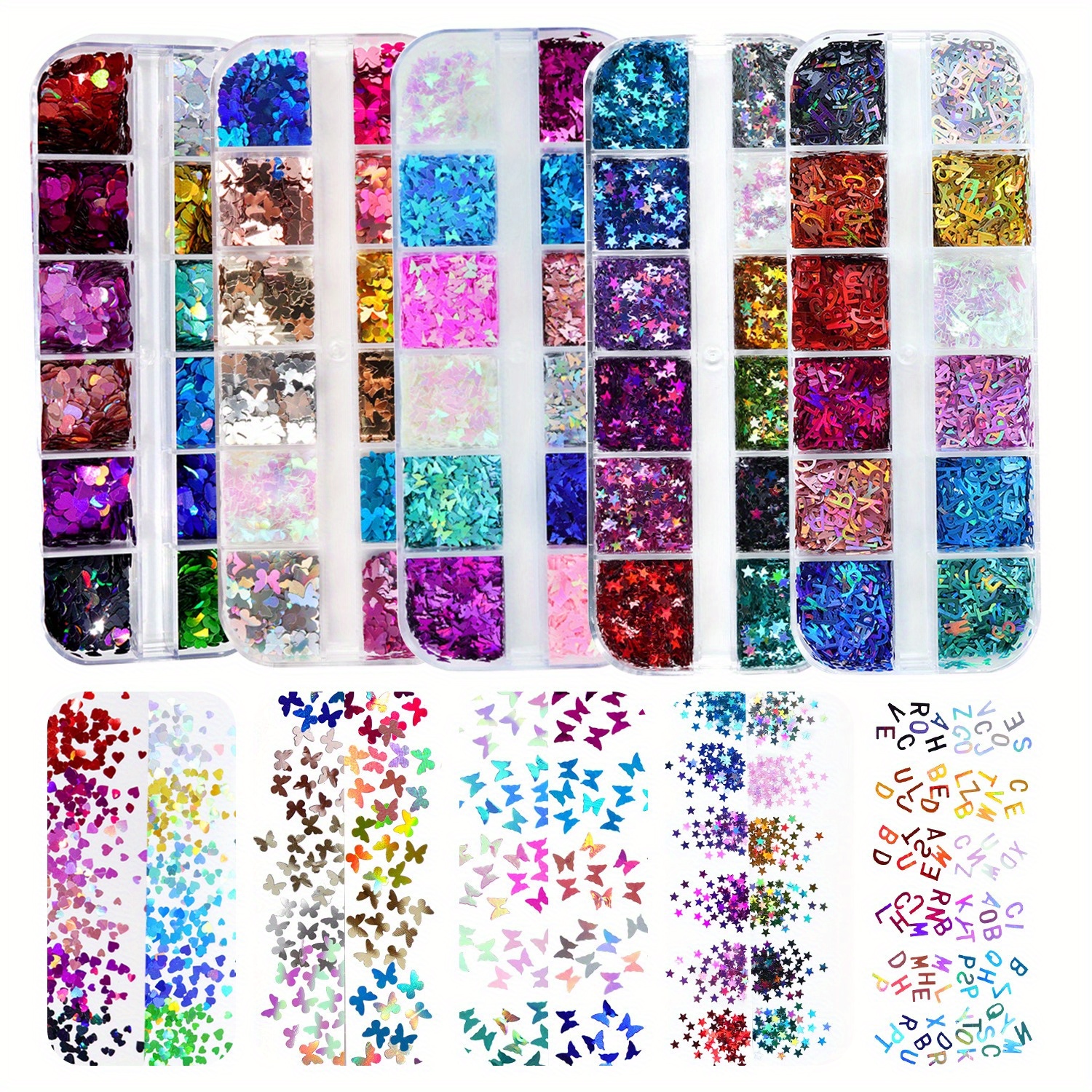 

5 Boxes Holographic Nail Sequins Shapes Mixed Iridescent Nail Glitter Flakes 26 Letters Star Diy Design Manicure Decorations Sets For Nail Art/ Craft/ Makeup