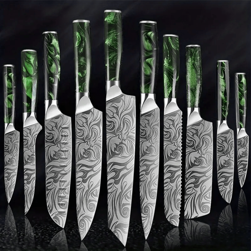 

Damascus Pattern Set Stainless Steel Knife Chef Knife Household Chef Cooking Knife (10&5 Green Resin Handle) Knife Set