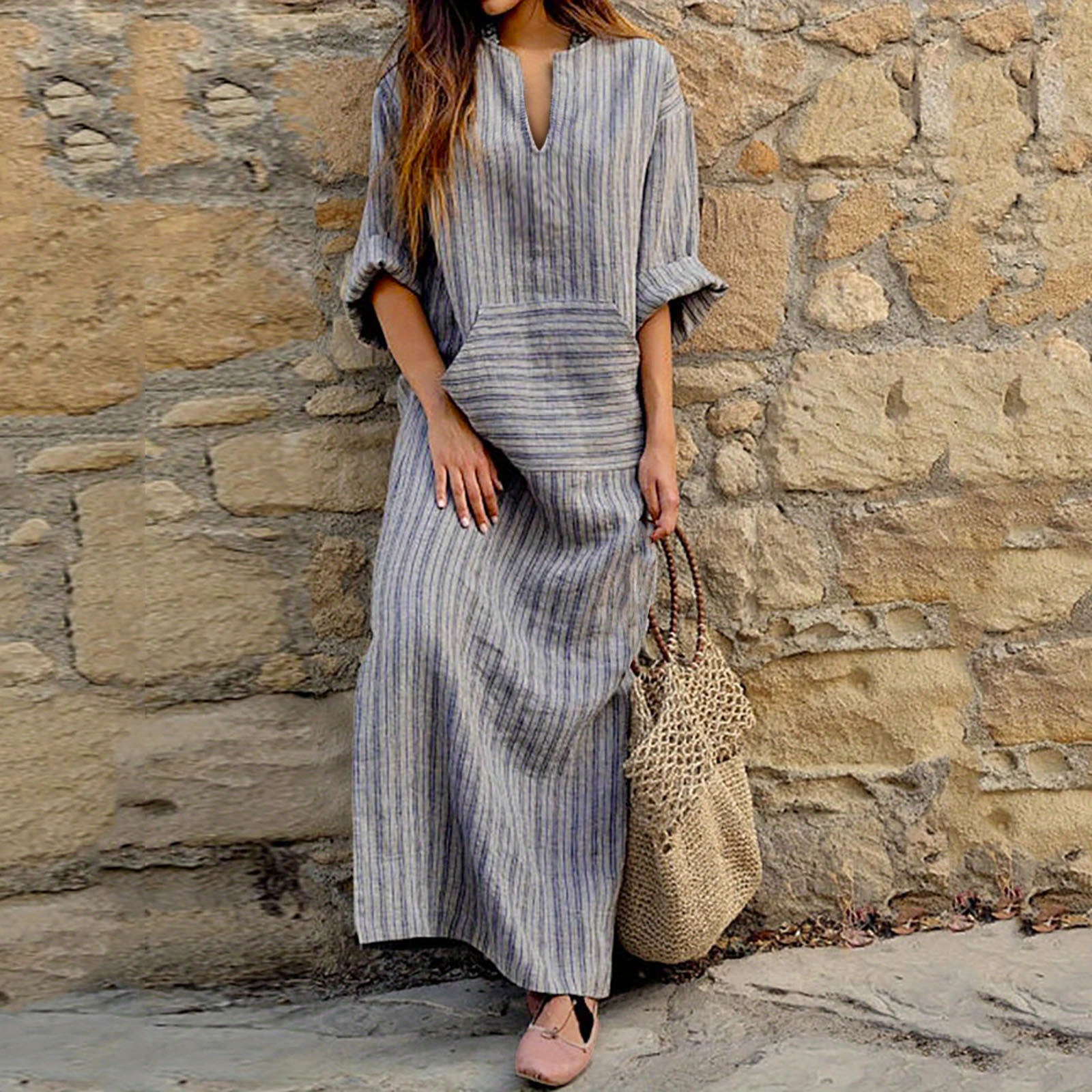 

New European And And Linen Yarn Dyed Striped Loose Long Dress