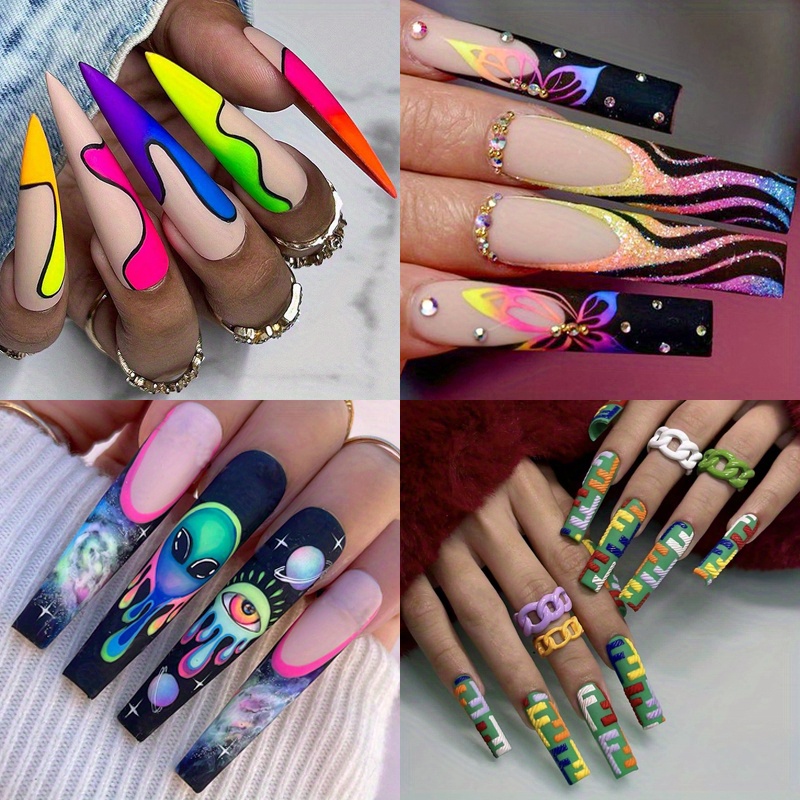 

4 Packs (96 Pcs) Colorful Geometric Acrylic Nails With Rhinestone Design - Funnyfake Nails For Women - Long Ballet Glue On Nails Set With Adhesivetabs And Nail File