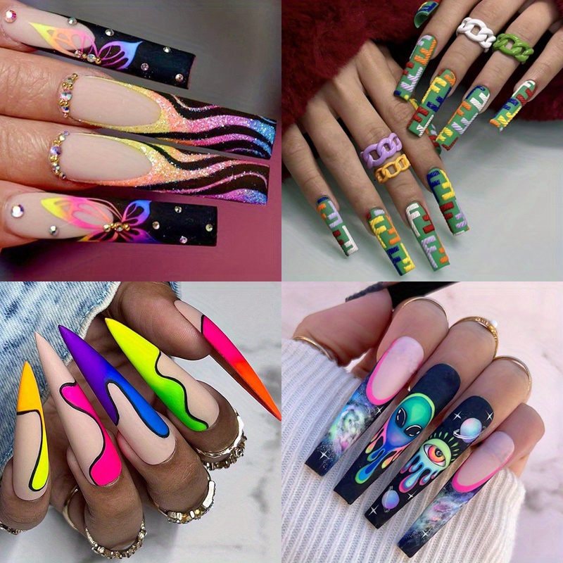 TEMU 4 Packs (96 Pcs) Colorful Geometric Acrylic Nails With Rhinestone Design - Funnyfake Nails For Women - Long Ballet Glue On Nails Set With Adhesivetabs And Nail File