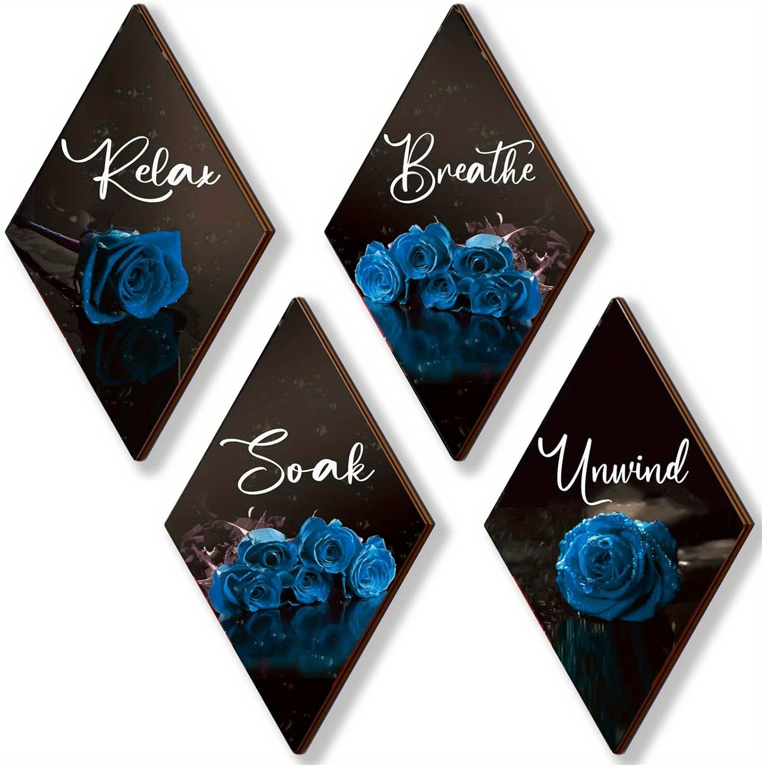 

4pcs Blue Rose Wooden Wall Decor Set - Rustic Farmhouse Floral Signs For Bathroom & Kitchen, Modern 'breathe Soak Unwind Relax' Motif