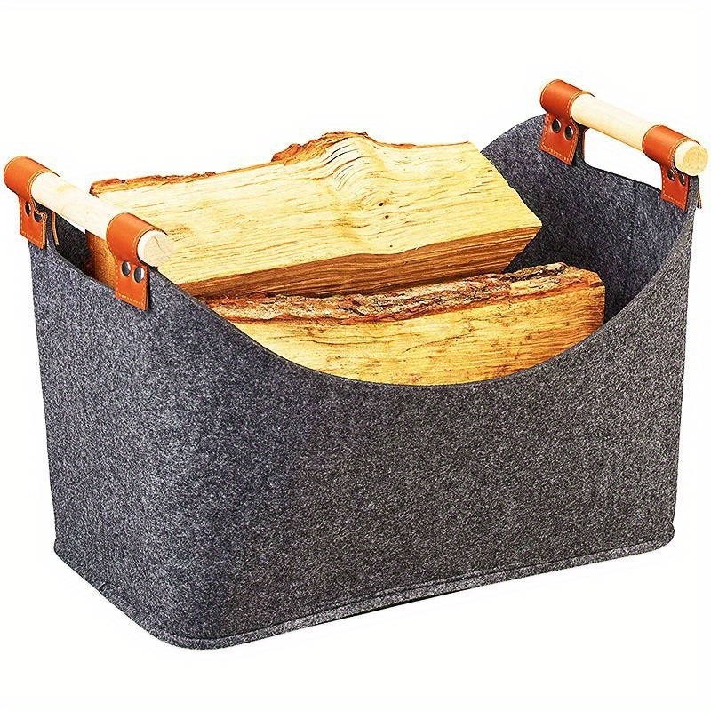 

Vintage Style Felt Firewood Storage Basket With Wooden Handles, Large Capacity Multipurpose Shelf Basket For Home Organization