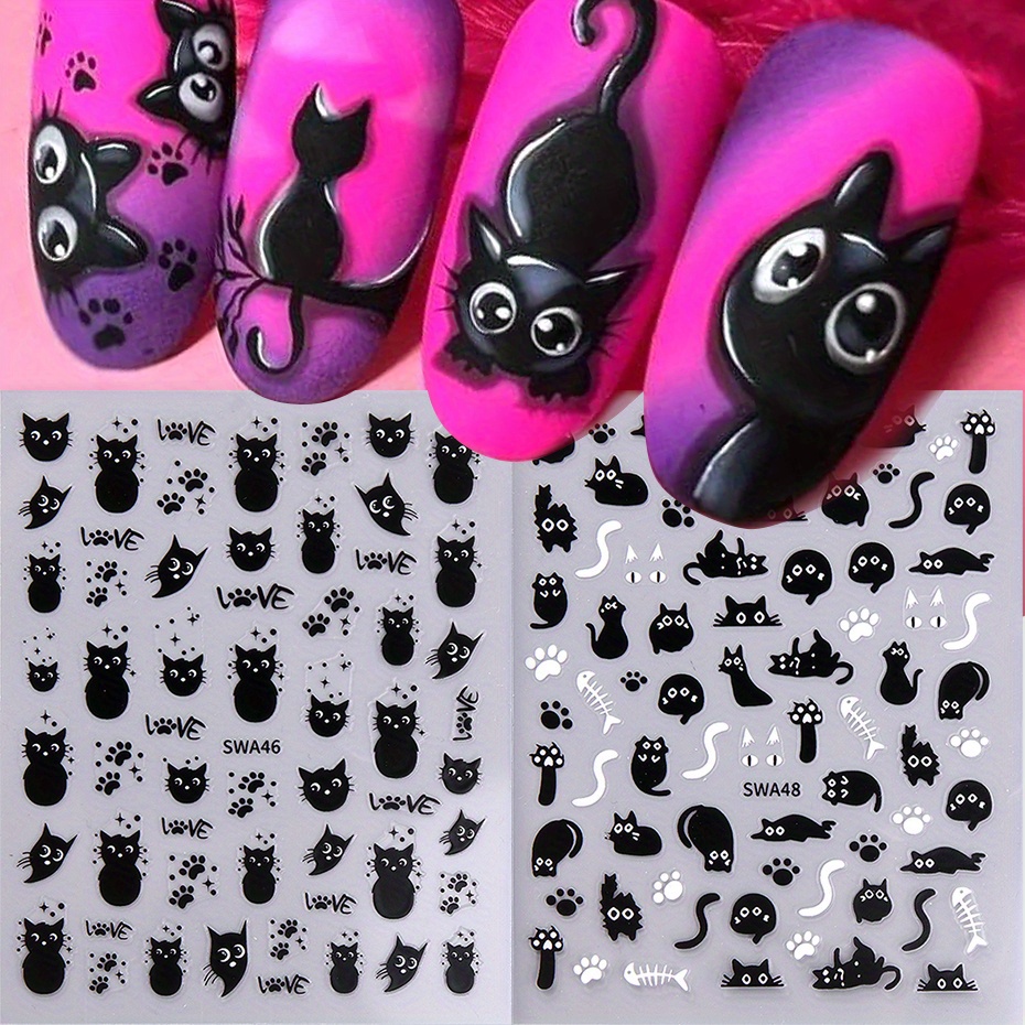 

2pcs Cute Black Cat & Nail Art Stickers - 5d Embossed, Self-adhesive Decals For Diy Manicure, Sparkle , Women And Girls