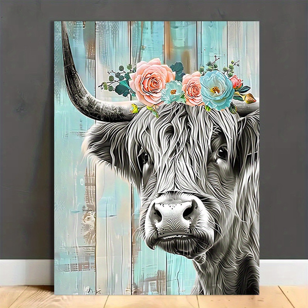 

Wooden , Highland Cow Canvas Print, Rustic Farmhouse Decor, Rolled Cloth Material, Large Animal Painting For Room