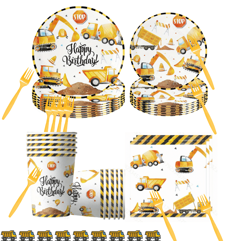 

100 Piece Yellow Excavator Construction Truck Theme Birthday Party Tableware Set With Paper Plates Tissues Cups And Forks For 20 People