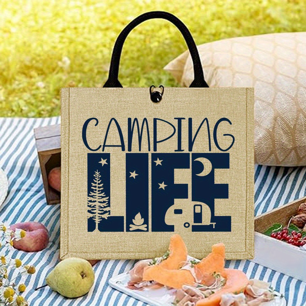 E-shop Modische Outdoor Camping Jute Tragetasche, Geschenke für und , geräumige Handtasche mit Camping-Print, stilvolles und langlebiges Design