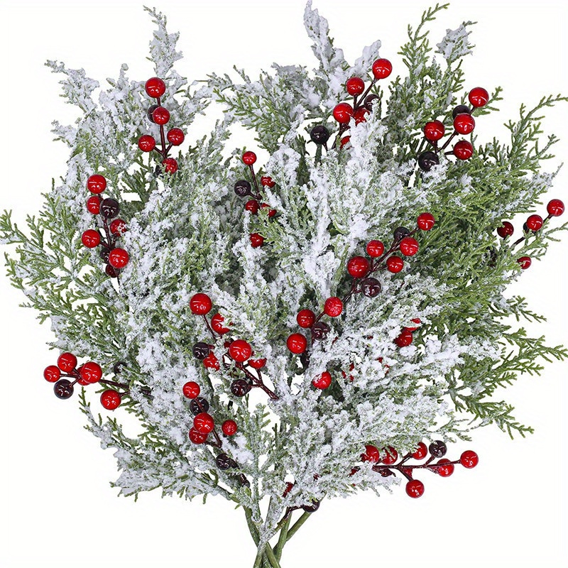 1pc Snowy Artificial Cedar Picks With Red Berries: Frosted Faux Cedar Sprays For Christmas Tree, Wreath, Floral Arrangement, Vase, Decor