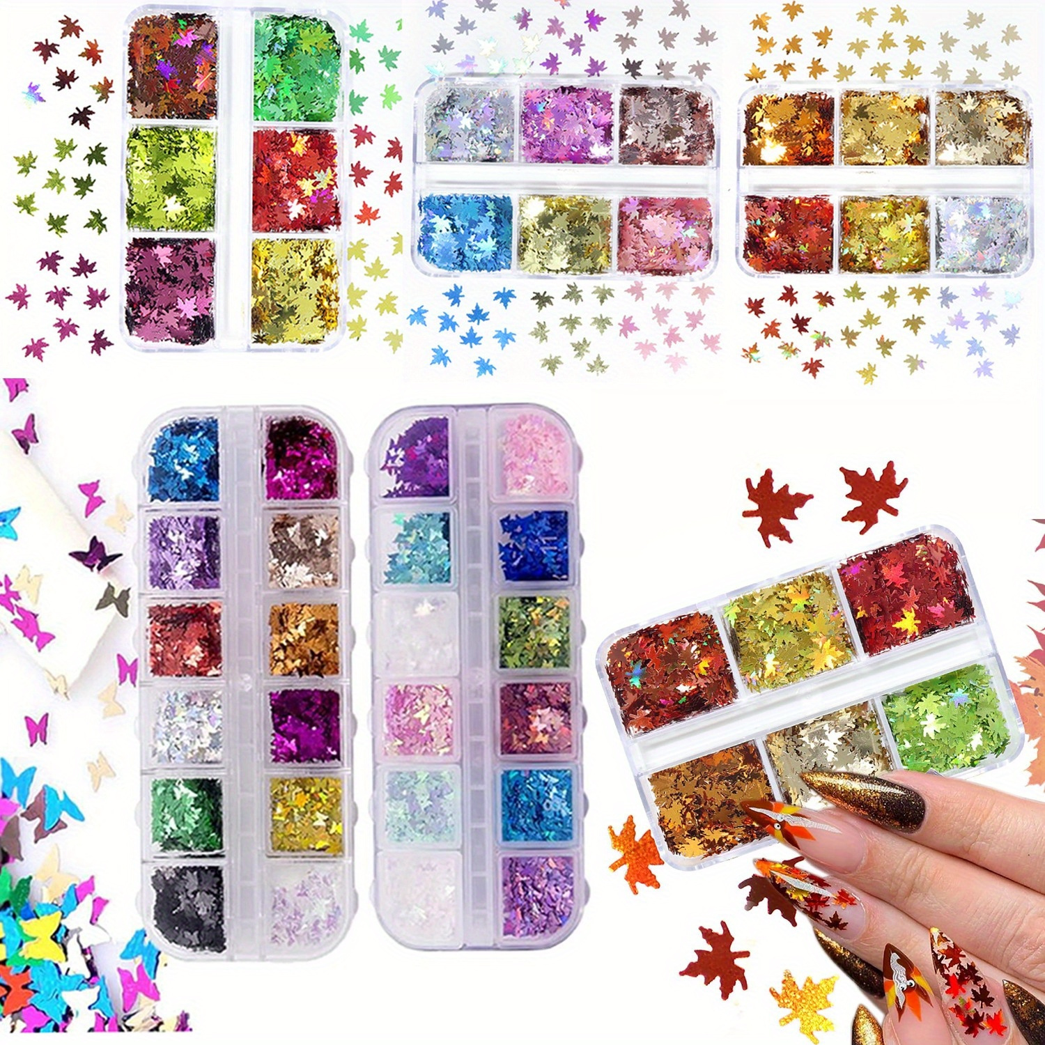 

48 Color/ Set 3d Butterfly Fall Leaf Glitter Nail Sequins - 3d Maple Leaf Holographic Nail Art Flakes Colorful Sticker Decals Manicure Nail Art Design Makeup Diy Christmas Decorations