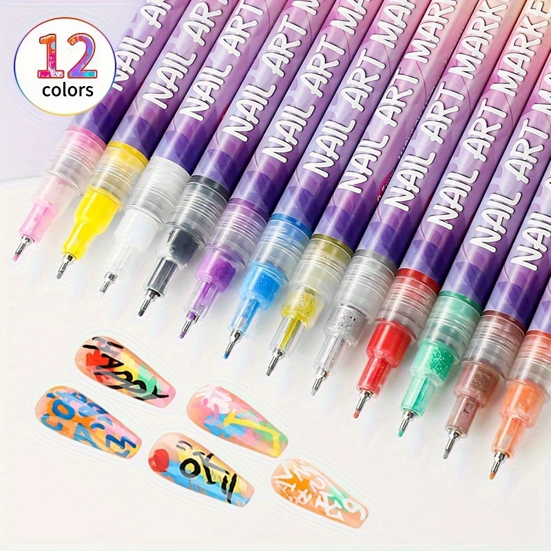 1set nail   12 color acrylic paint pen   diy quick drying dot stitching pen precision 3d doodle nail art pen nail art pen set quick drying suitable for home and salon     and long   design details 0