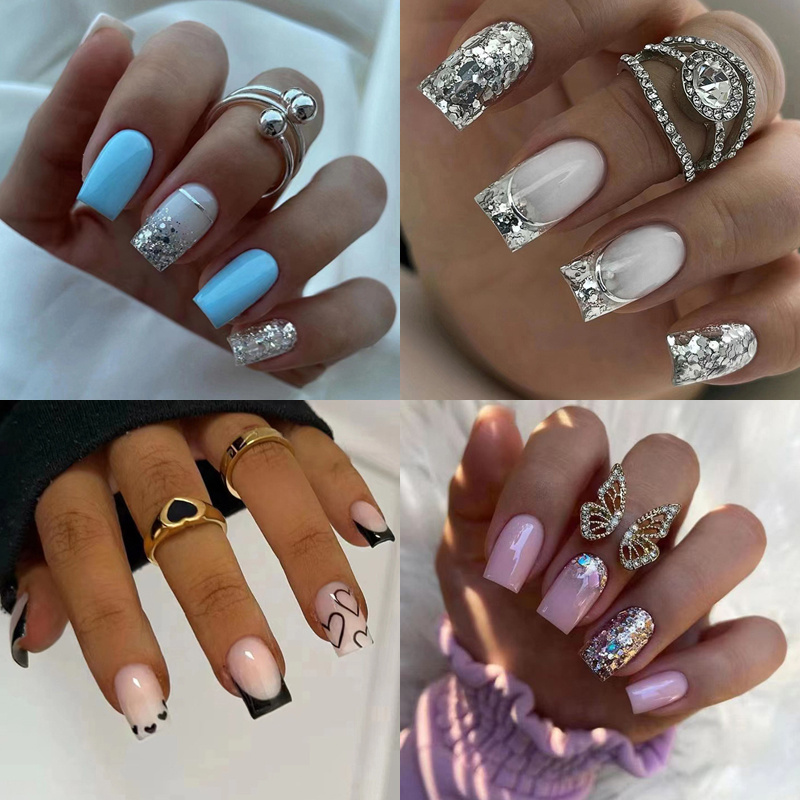 TEMU 4pcs Of 96pcs Of Sequin Press-on Nails, Mixed Blue, Pink, Silvery, Black, Dark Brown, Medium Glue, With Adhesive Labels, Women's Nail File