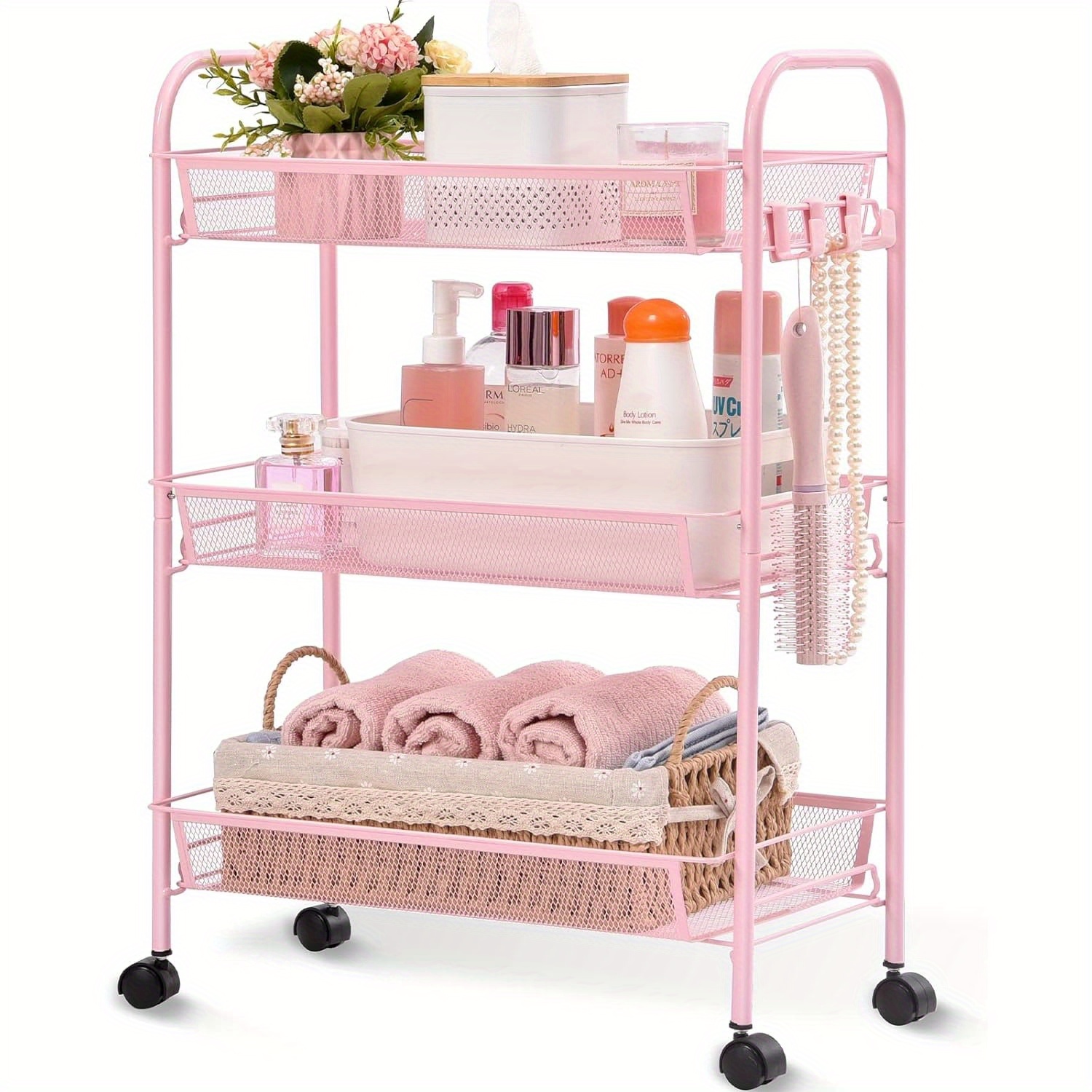 TEMU 3-tier Metal Rolling Cart - Mesh Wire Easy Assemble Utility Cart, Storage Trolley On Wheels With 3 Hooks, Metal Storage Shelving Units For