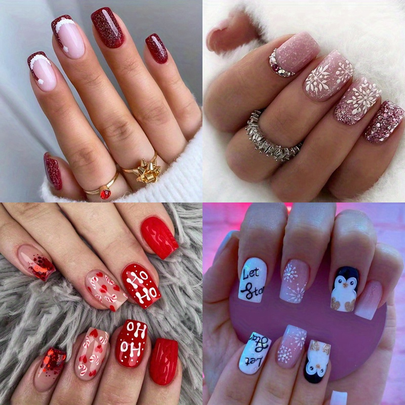 

96pcs Glossy Cartoon Christmas Press On Nails Short Red Christmas Nails Square Cute Xmas Fake Nails Red Acrylic Press On Nails For Women And Girls