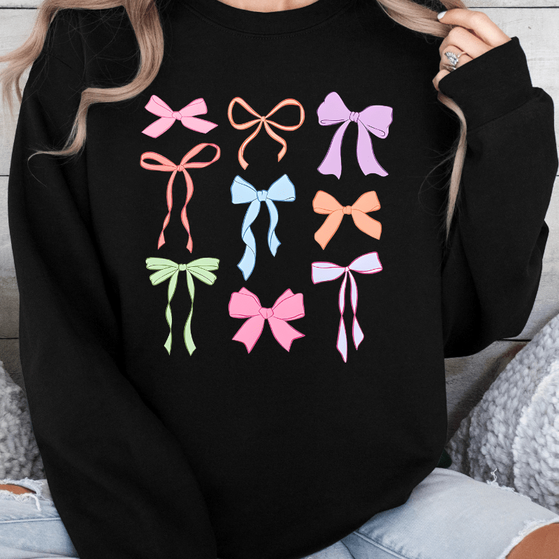 

Plus Size Cartoon Bow Print Sweatshirt - 100% Polyester Knit Fabric, Rib-knit Detail, Crew Neck Pullover For All Seasons, Casual Style Plus Size Women's Clothing