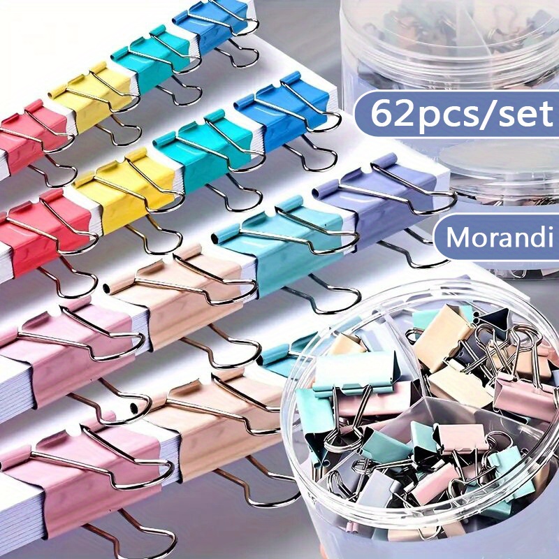 

62pcs/ Set Mixed Size Morandi Color Office Binder Clips Set - Adjustable, Rust-resistant, And - 10pcs 25mm + 20pcs 19mm + 32pcs 15mm, Organizing Papers, And Documents