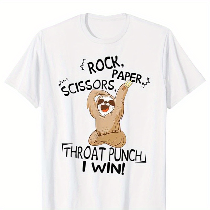 

Men's Cotton Sloth Graphic T-shirt - "rock Throat Punch !" Tee, Casual Loose Fit Short Sleeve Crew Neck, White With Brown Sloth Design