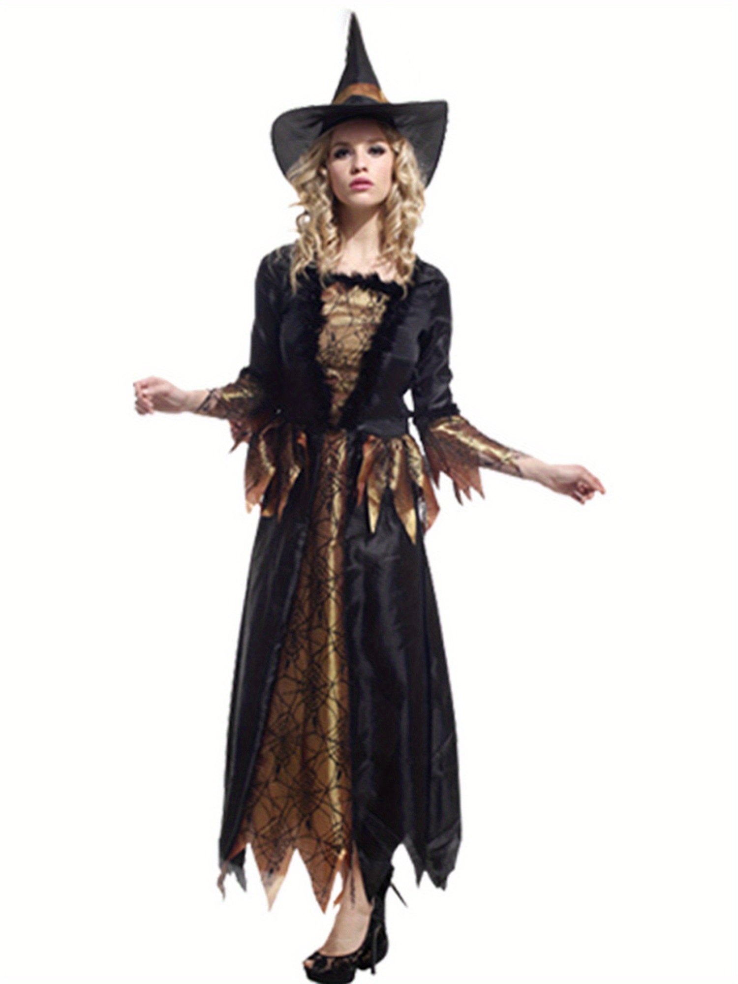 women's y2k style off the shoulder halloween witch costume, polyester  striped long dress with spider web mesh, decorative buttons, woven fabric,  with hat for spring/fall season | High-quality & Affordable | Temu