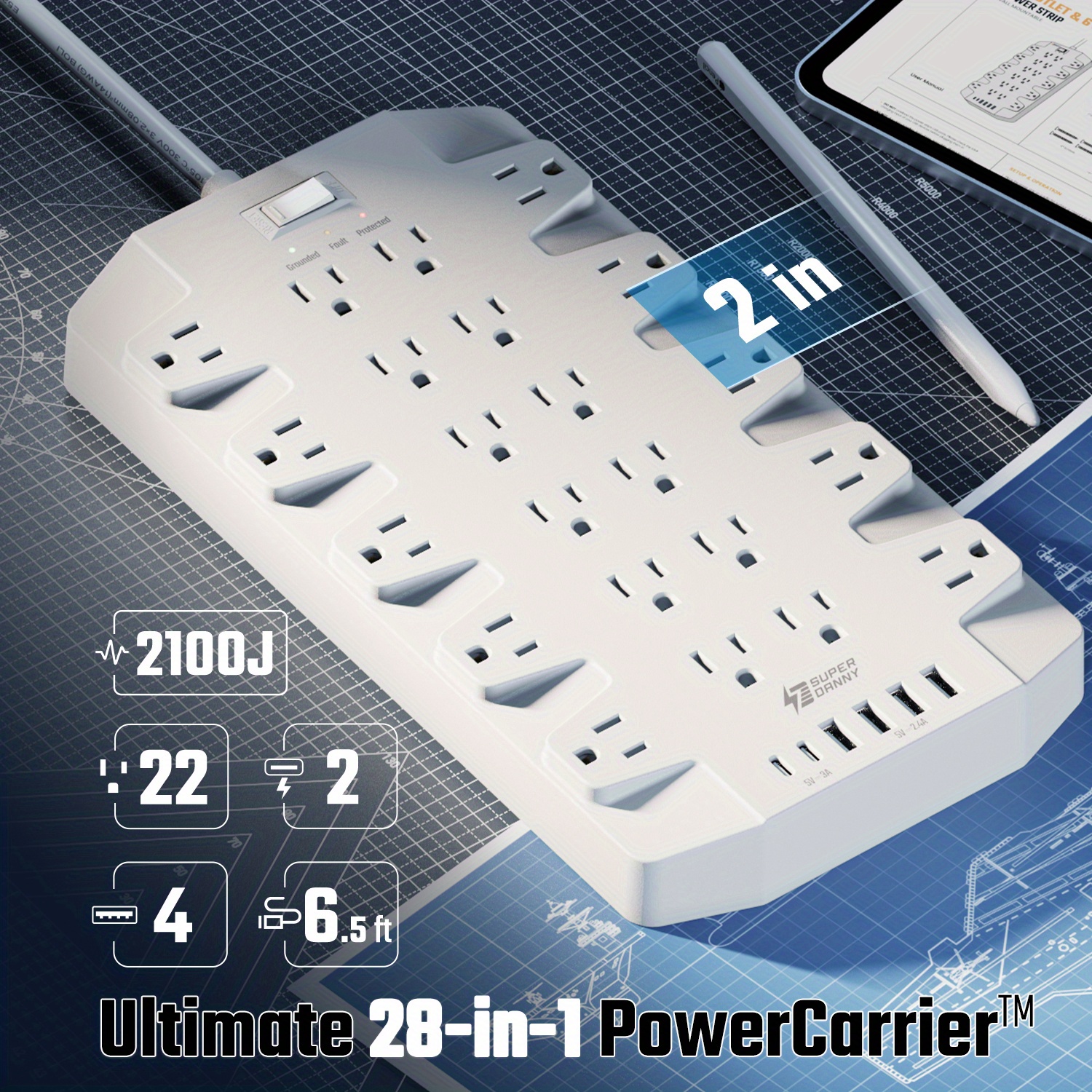 

22-outlet Power Strip With 2 Usb C Ports, 4 Usb A Ports, 2100 Protector, 6.5ft Flat Plug, 22 Outleds, Heavy Duty Extension Cord (1875w/ 15a), Wall Mountable For Home, Office, Dorm, Gaming Room, White