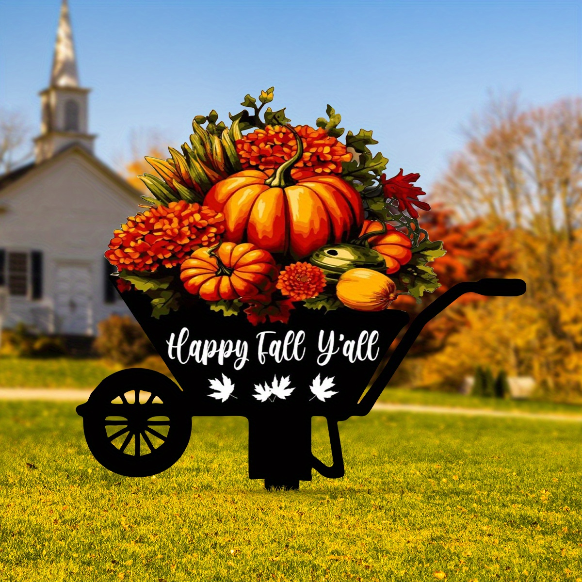 

1pc Happy Fall Pumpkin Metal Garden Stake - Floral Pumpkin Yard Sign, Garden Decor, Metal Wall Hanging , Thanksgiving Display, No Electricity Required, Featherless, Horizontal Orientation