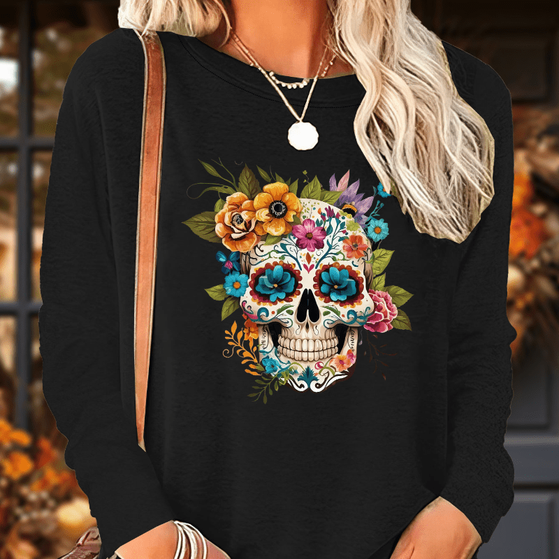 

Women's Floral Skull Print Casual Long Sleeve T-shirt - Crew Neck Knit Fabric Top With Medium Stretch - Polyester And Elastane Blend For Fall/winter - Day Of The Dead Inspired Design