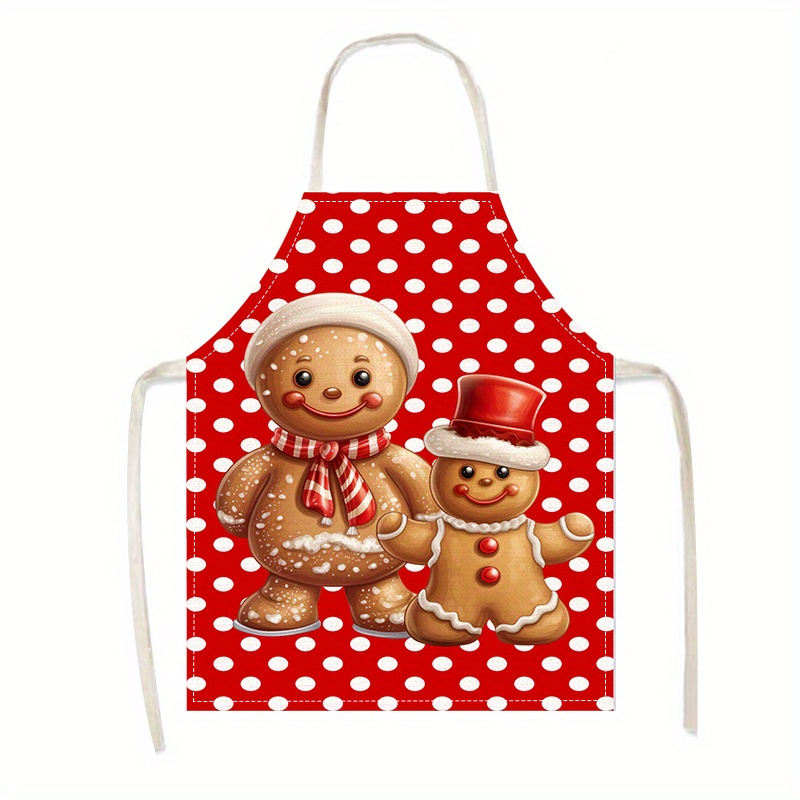 

Christmas Gingerbread Man Printed Linen Apron - 1pc/2pcs Set, Unisex Kitchen Apron For Cooking, Baking, And Holiday Parties