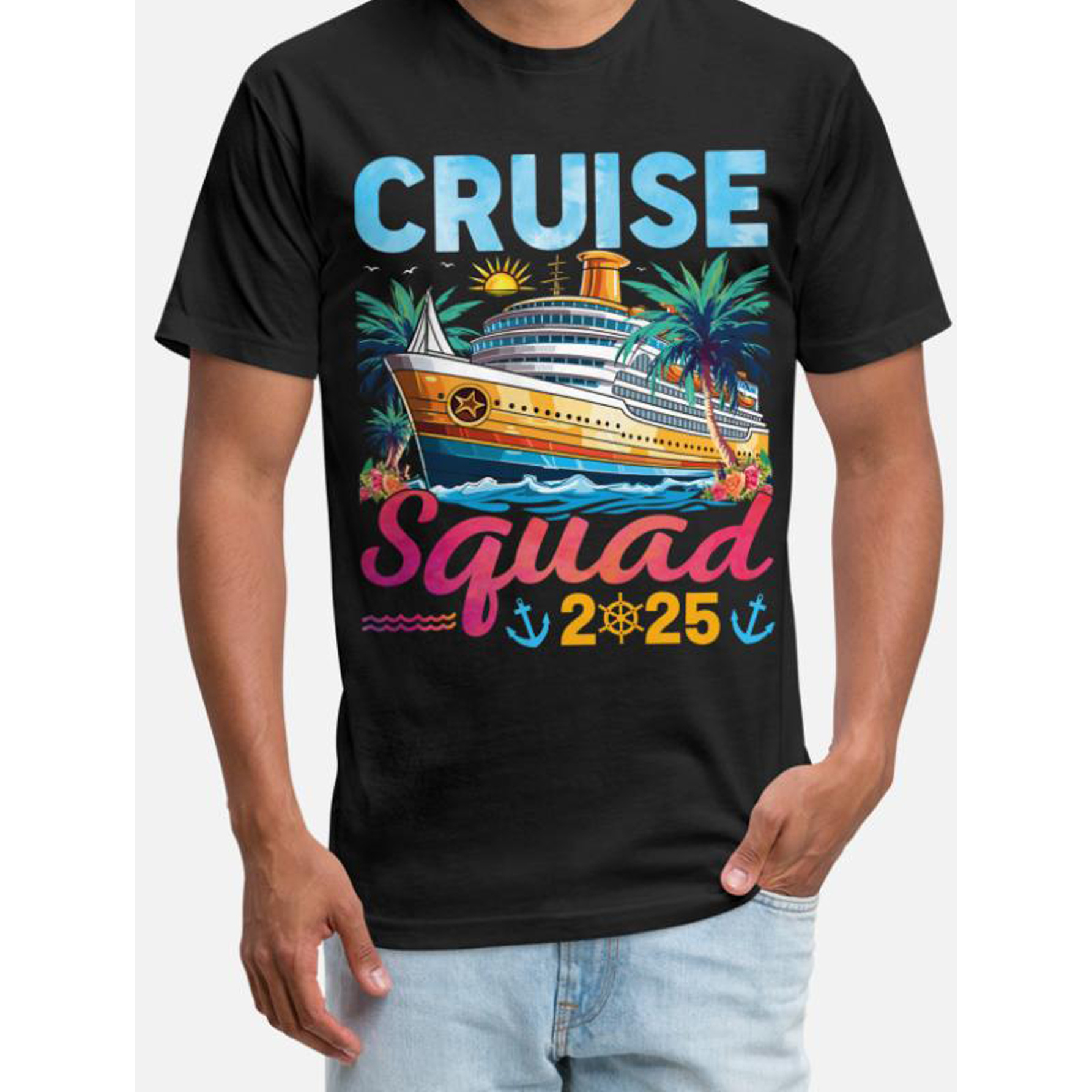 

1 Piece, Cruise Squad 2025 Family Group Matching Cruise Black Print, Summer Comfortable Casual Cotton T Shirt