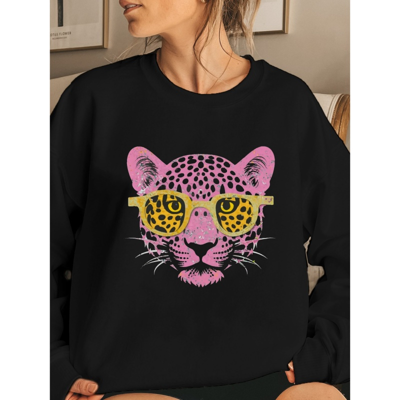 

Sweat-shirt décontracté à col rond pour femme avec imprimé léopard rose et lunettes à paillettes - Tissu en % polyester, motif géométrique, style décontracté, idéal pour /hiver