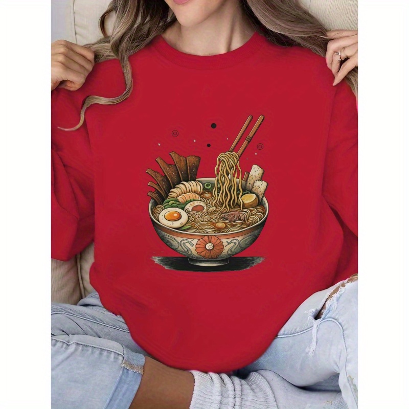 

Chic Japanese Ramen Print Women's Sweatshirt - Casual Crew Neck, Long Sleeve Pullover For Fall & Winter, Machine Washable