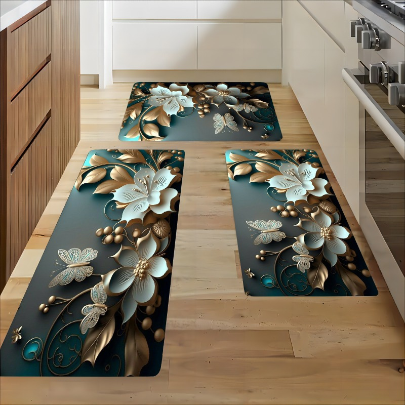 

Floral Memory Foam Kitchen Rug - Stain & Water-resistant, Anti-slip, Quick Dry, Machine Washable For Living Room, Bedroom, Hallway