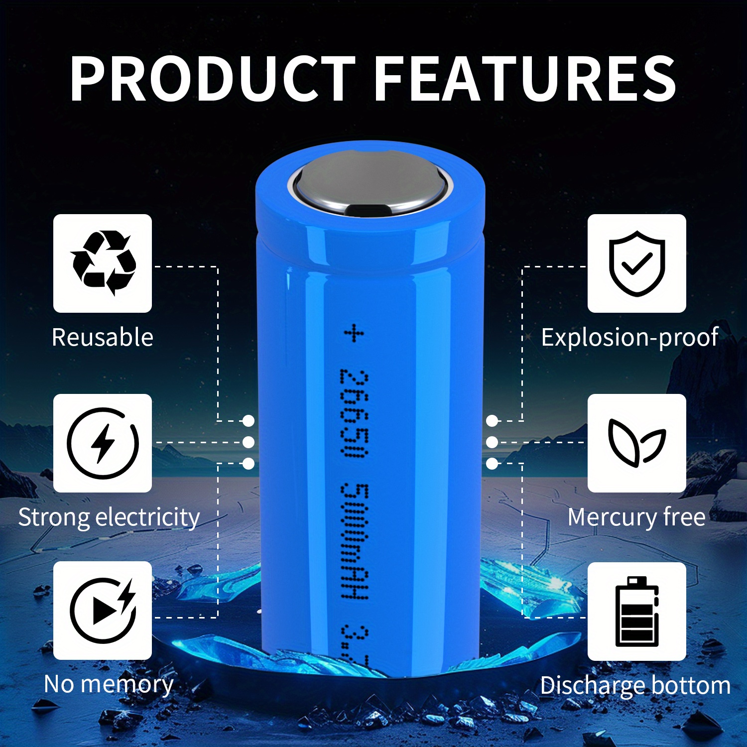 סוללת ליתיום נטענת 26650 3.7V 5000mAh לפנסים, פנסי ראש, תאורת שמש ואלקטרוניקה ניידת - נטענת באמצעות USB, עמידה בפני פיצוצים, בעלת קיבולת גבוהה, ללא פרטים 4
