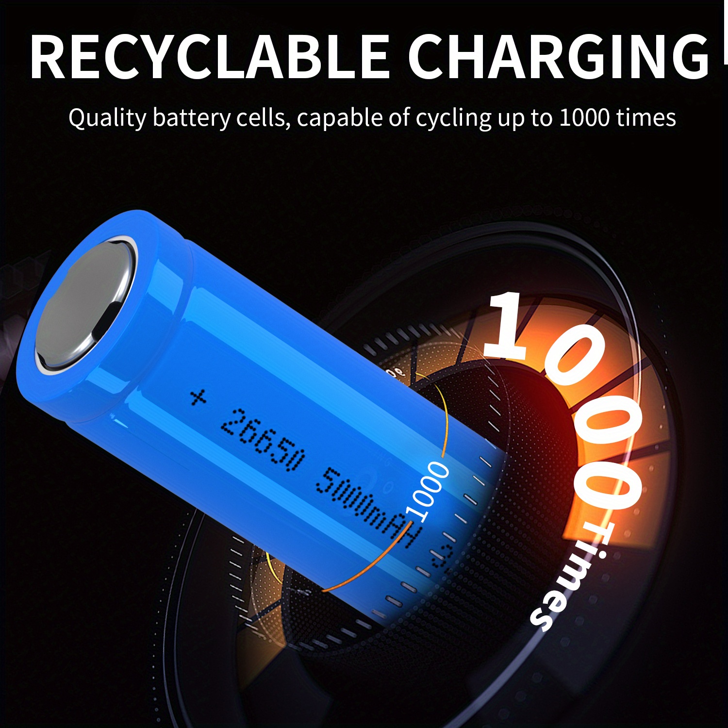סוללת ליתיום נטענת 26650 3.7V 5000mAh לפנסים, פנסי ראש, תאורת שמש ואלקטרוניקה ניידת - נטענת באמצעות USB, עמידה בפני פיצוצים, בעלת קיבולת גבוהה, ללא פרטים 6