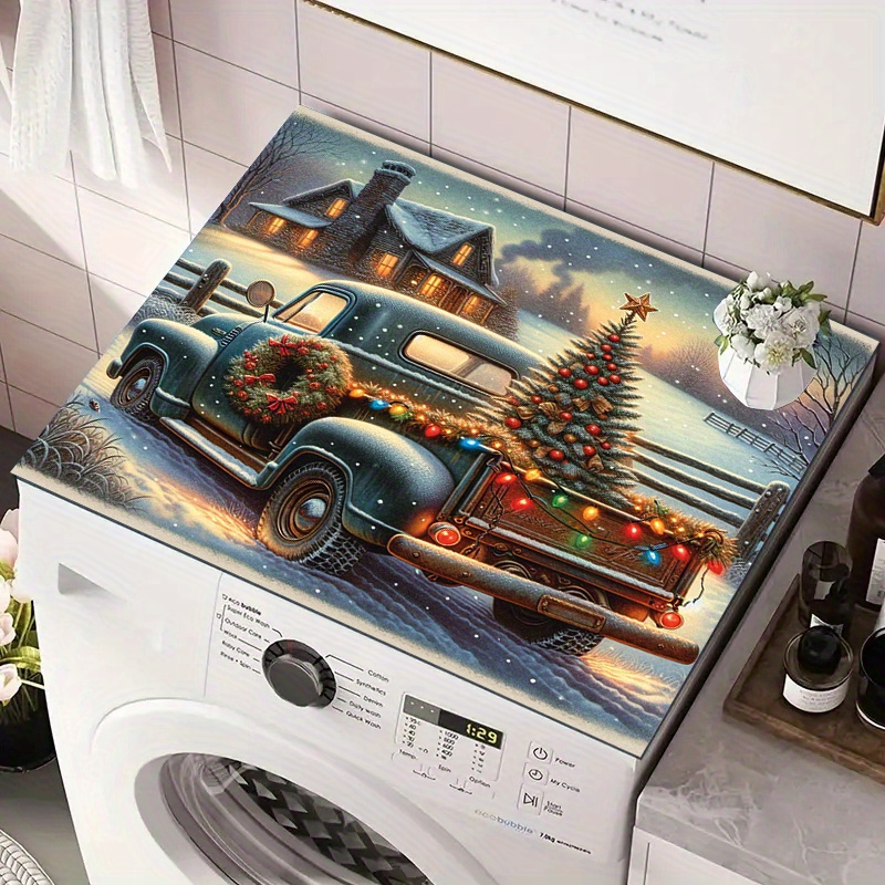 

Christmas Truck & Tree Print Dish Drying Mat - Multifunctional Polyester Kitchen And Bathroom Decor, Fashionable Countertop Protector For Washing Machines