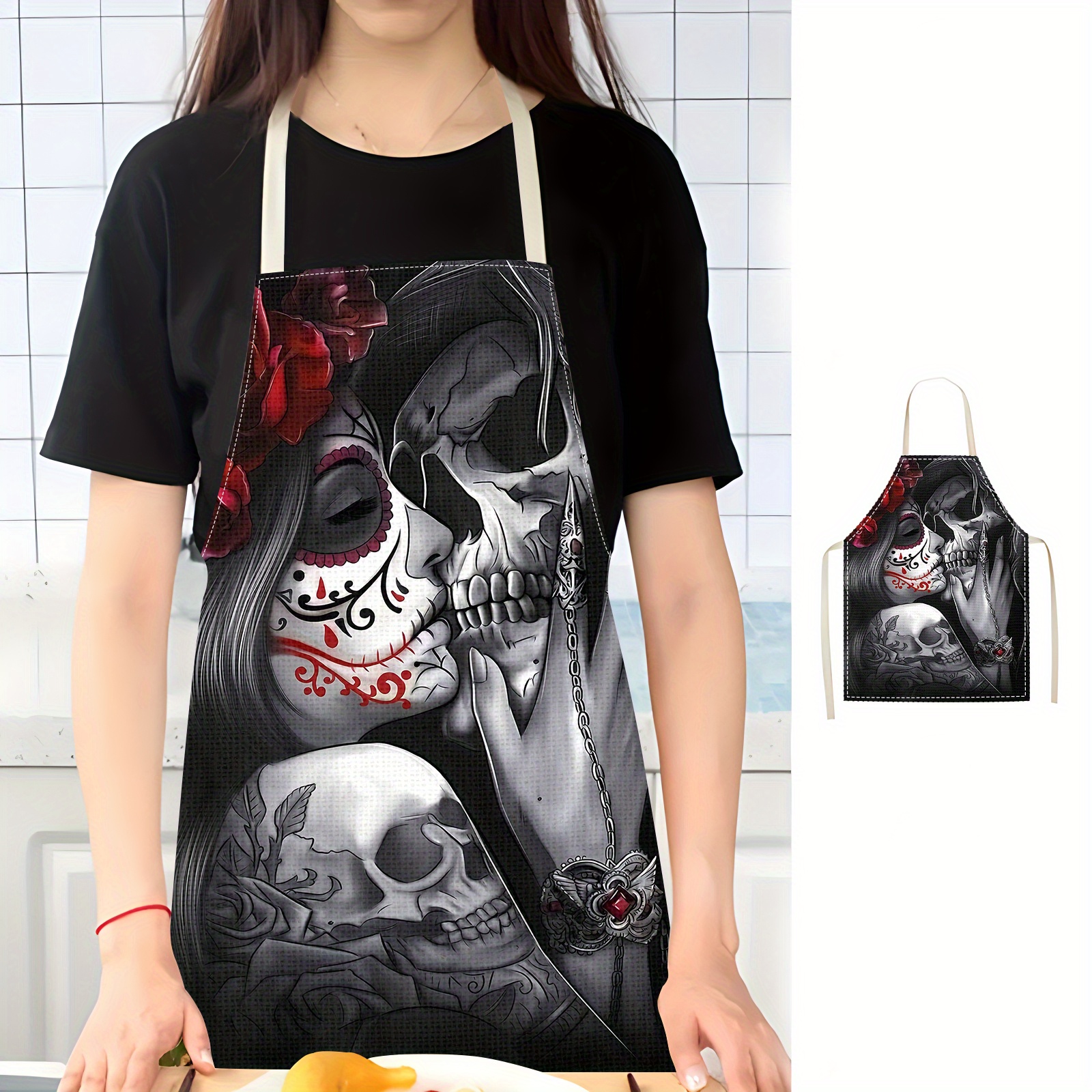 

Gothic And Rose Apron, Durable Woven Polyester, Oil-proof And Stain-resistant Kitchen Apron For Cooking, Baking, Restaurant, Cafe, Bbq, Painting, Hairdressing, Unisex Adult Chef Apron Gift