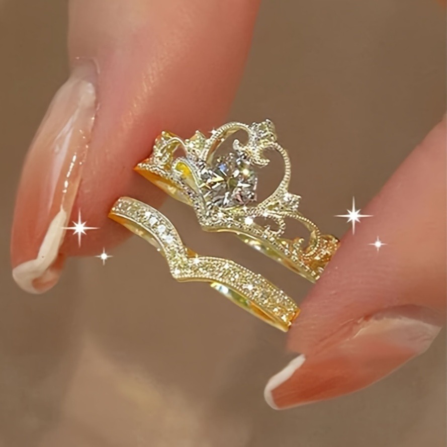 

Elegant Crown Princess-inspired Rhinestone Ring Set: Adjustable Open-end Rings, Alloy Base With Plating, Perfect For Cute Occasions - 2-piece Set