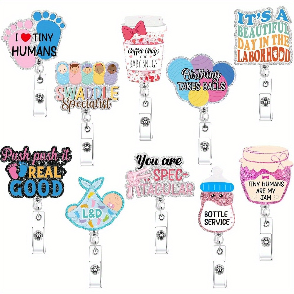 TEMU 10 Pcs Funny Labor And Badge Reels Cute Badge Reel Glitter Nicu Obstetrics Badge Reel Retractable Badge Holder With Alligator Clip Gift For Rn Student Teacher Doctor (fresh)