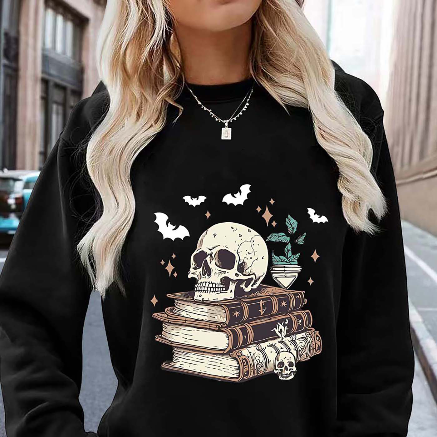 

Women's Polyester Knit Pullover Sweatshirt With Skull And Books Graphic, Casual Crew Neck Long Sleeve Top For Fall & Winter - Slight Stretch Fabric