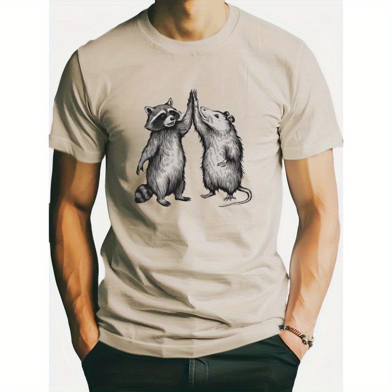 

Men's Casual Short Sleeve T-shirt With Raccoon & Opossum Print - Breathable Polyester, Round Neck, Machine Washable