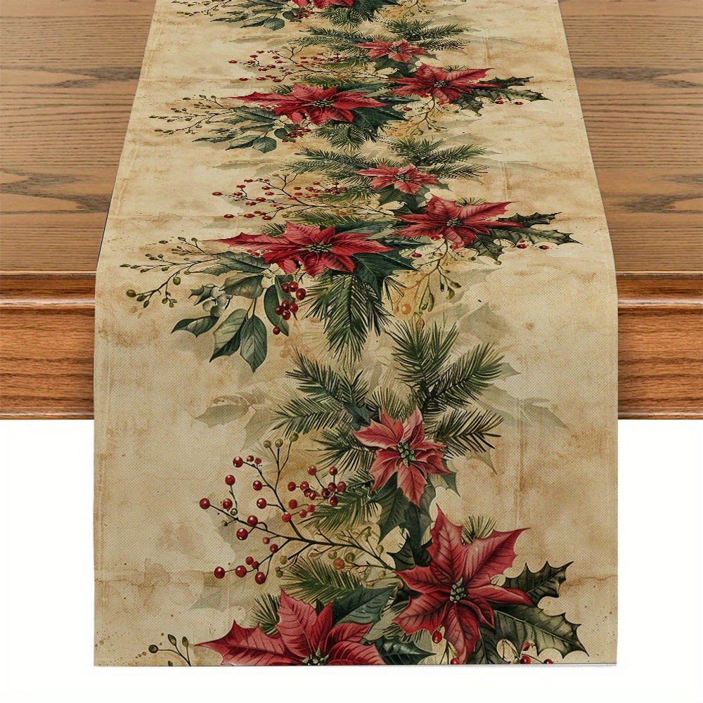 

Holiday Poinsettia & Pine Design Woven Table Runner - 100% Polyester Rectangular Table Decor For Dining Room, Kitchen, Home, And Party Decoration - Jit 1pcs Festive Floral Tablecloth