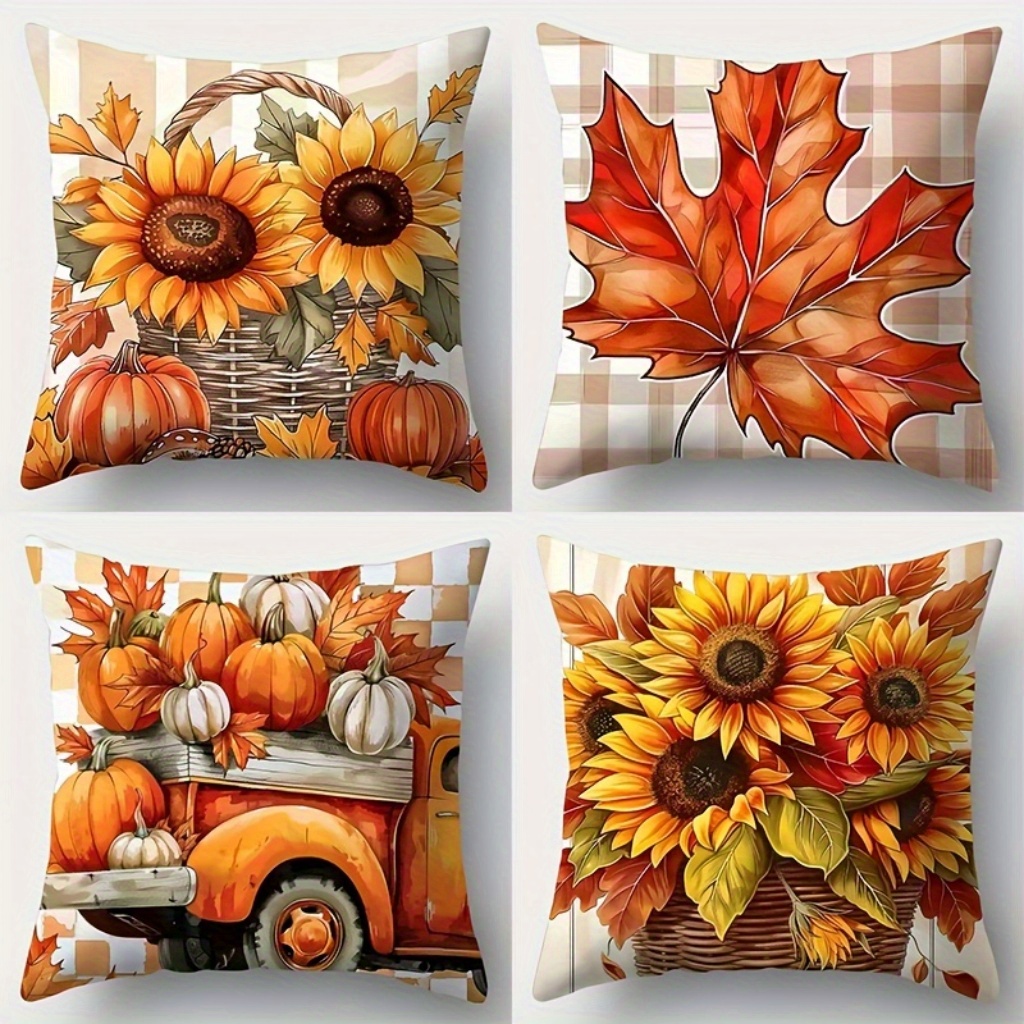 

4pcs Thanksgiving Pumpkin Sunflower Throw Pillow Covers - Art Home Decor Cushion Covers, Single Side Printing, 18x18 Inch, Room Decor, Living Room Decor, Sofa Decor, Pillow Core Not Included