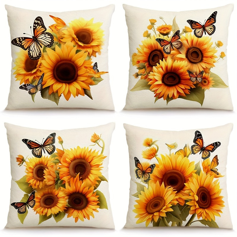 

4pcs Modern Sunflower And Butterfly Throw Pillow Covers - Linen Zipper Cushion Covers For Living Room Decor - Machine Washable, Woven Pillow Covers 18*18 Inches - No Pillow Insert