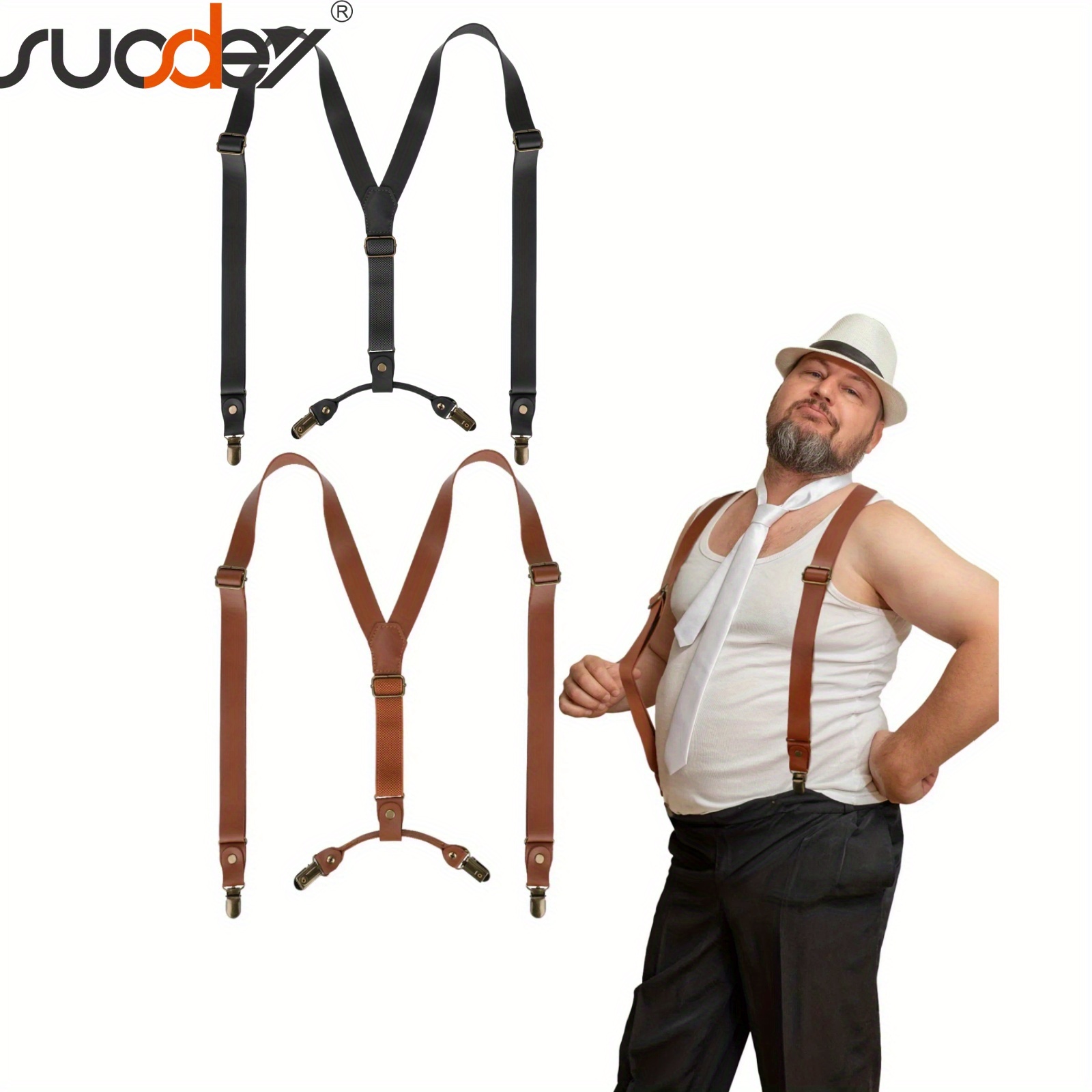 

Suosdey Fashion Leather Suspenders For Men Women Adjustable Y-back Elastic With Heavy Duty Clips Untucked Men Belt