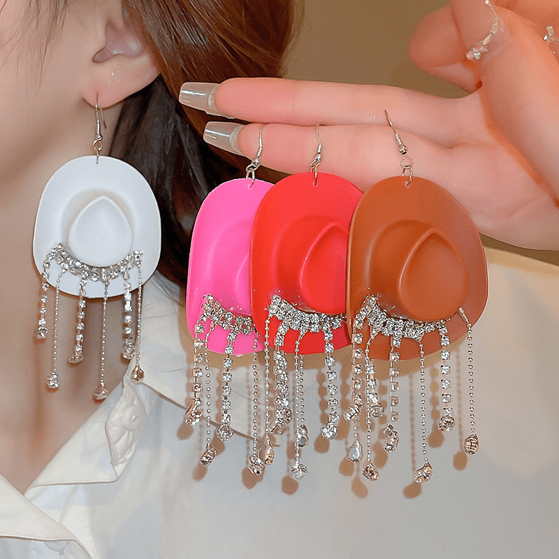 

Hat Drop Tassel Hook Earrings With Rhinestone, Party Jewelry, Celebrating Festival Accessory, Unique Gift For Girls And Women