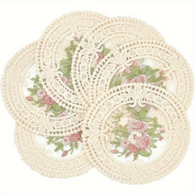 

Set Of 6 Floral-shaped Placemats, Round Vintage Floral Coasters, Embroidered Craft Coasters, Suitable For Dining Tables And Restaurants, European Lace Fabric For Heat Insulation.