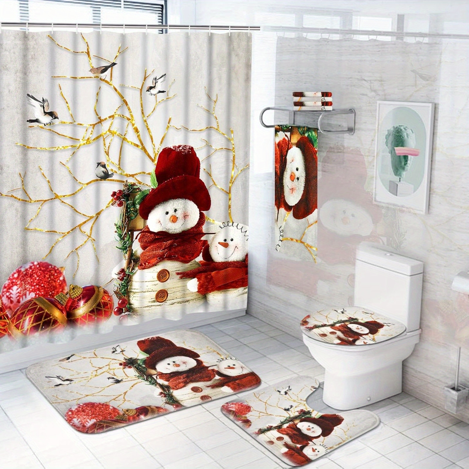 

Christmas Shower Curtain Sets With Rugs And Towels, Non-slip Rugs, Toilet Lid Cover, Bath Towel And Mat, Snowman Shower Curtain With 12 Hooks For Bathroom Decoration.