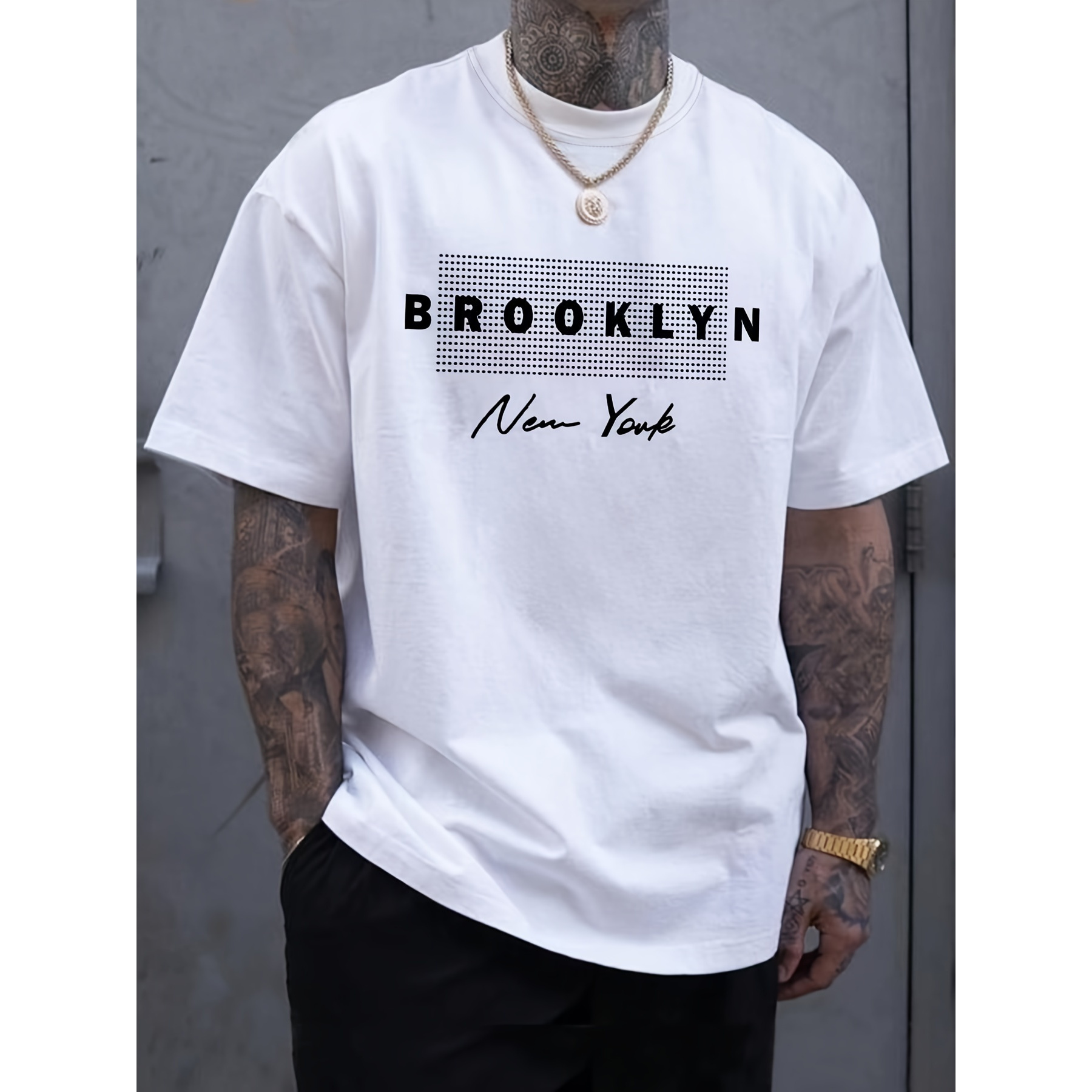 

Men's Casual T-shirt-polyester And Elastic Fiber, Crew Neck, Short Sleeve, "brooklyn" Letter Print, Machine Washable, Summer Clothes