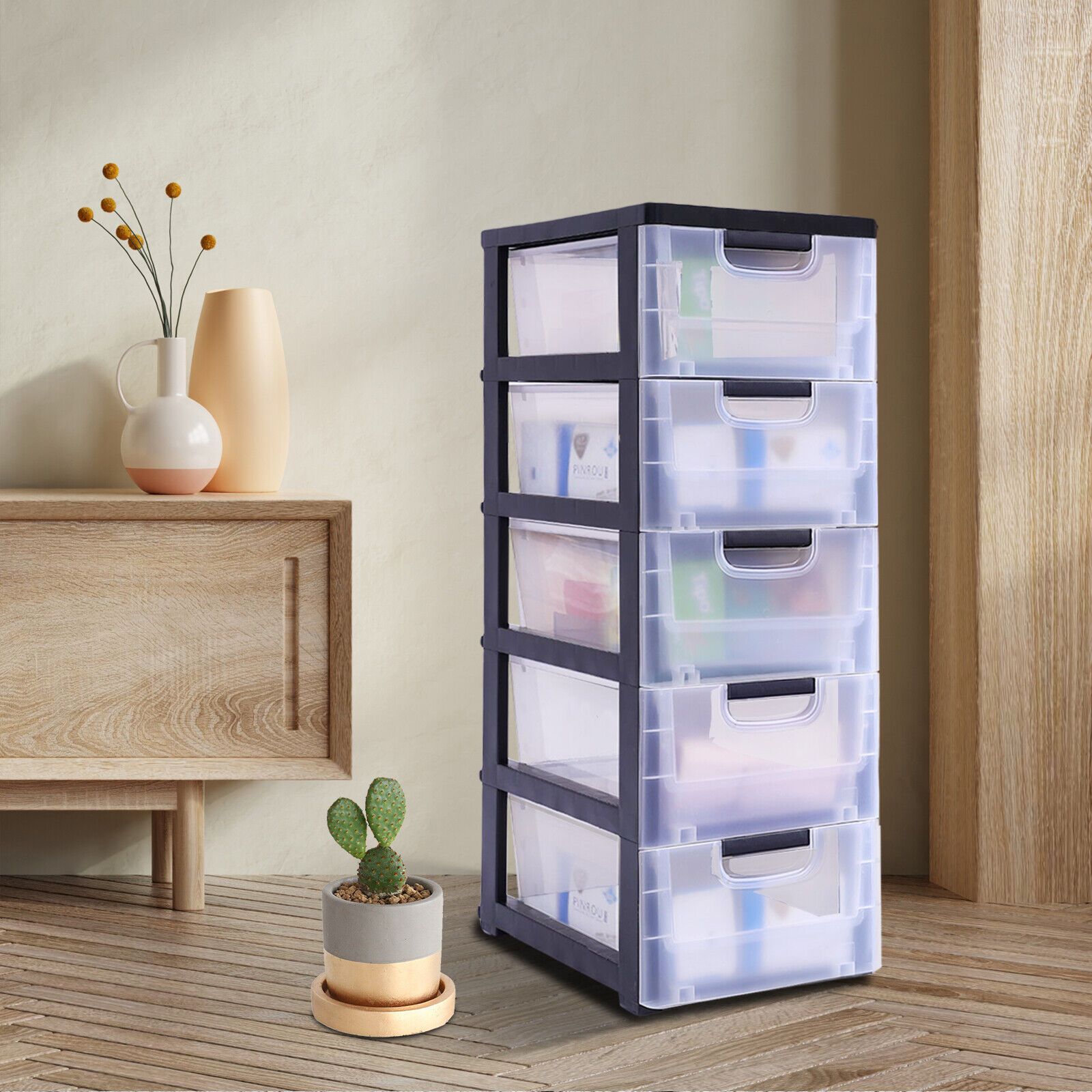 

Large Stackable Storage Cabinet Transparent Dress Organizer 5 Drawers Pp Plastic