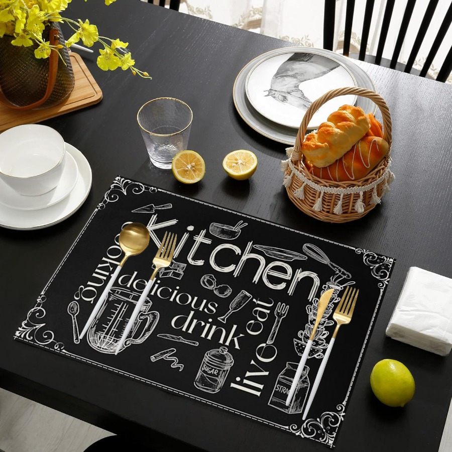 

Decorative Black & White Cutlery Pattern Placemats - Waterproof, Oil-proof, Non-slip Table Mats, Easy-clean, Polyester, Square - 1/4/6pcs For Dining & Kitchen