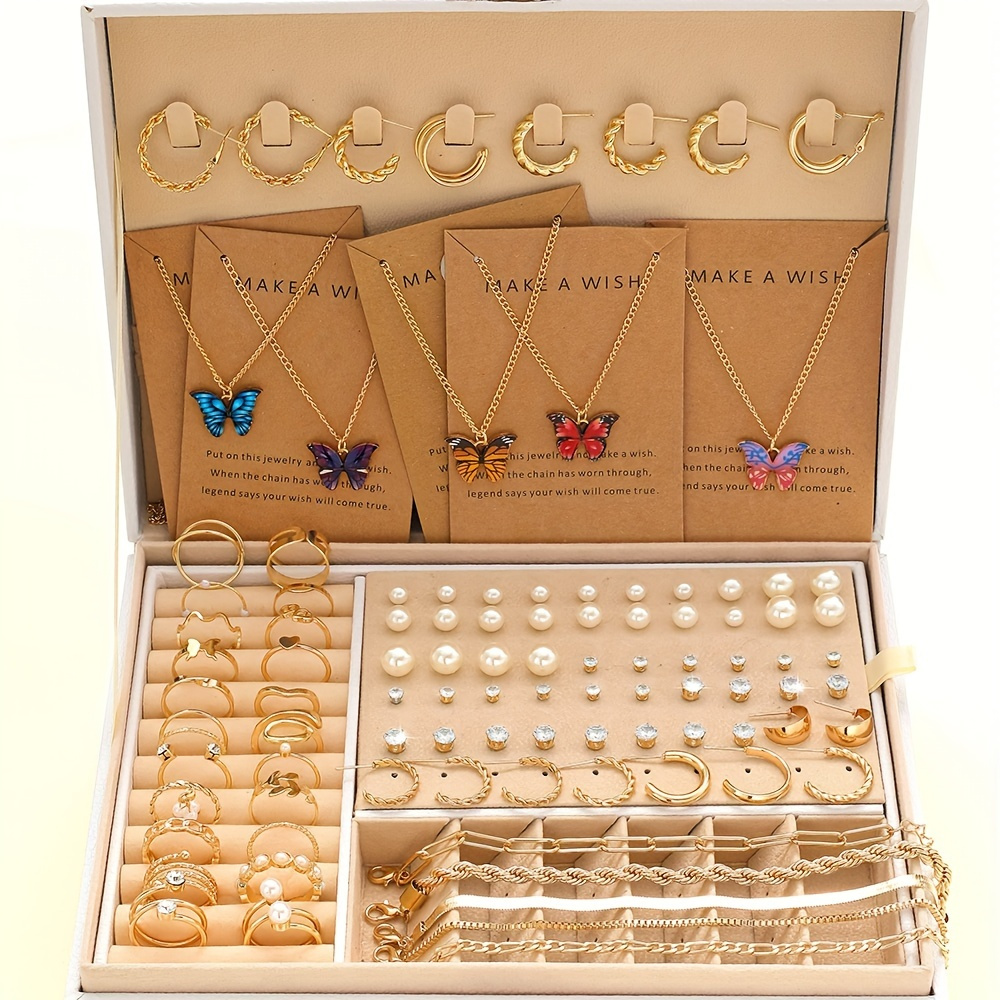 

68 Earrings, Necklaces, Rings, And Bracelets In Minimalist Style Jewelry Set With Zirconia Inlay To Match Daily Clothing And Party Accessories ()